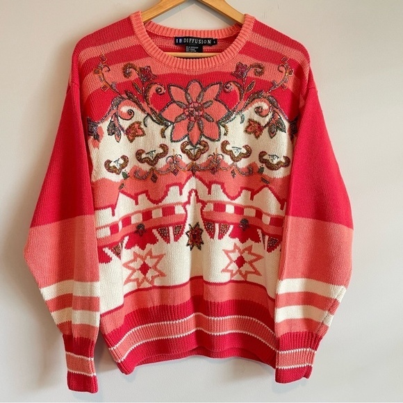 Vintage I.B. Diffusion Granny Beaded Floral Striped Knit Sweater - Picture 3 of 6